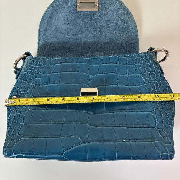 Claudia Firenze Teal Leather Croc-Embossed Handbag Rope Handle Chic Purse Italy - Picture 9 of 16